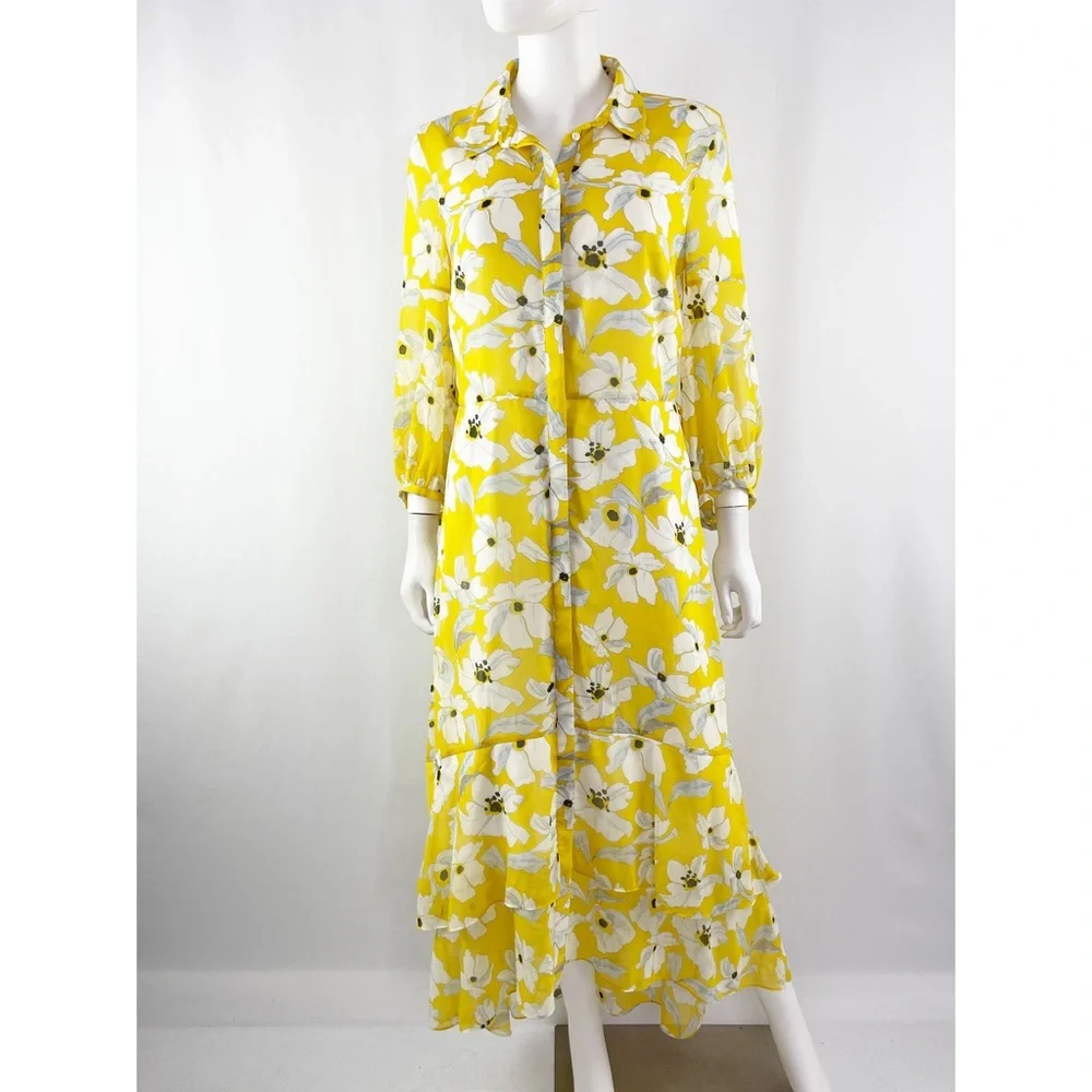 Banana Republic Size 8 Yellow Floral Long Sleeve Hi-Lo Ruffle Maxi Dress - Picture 1 of 10